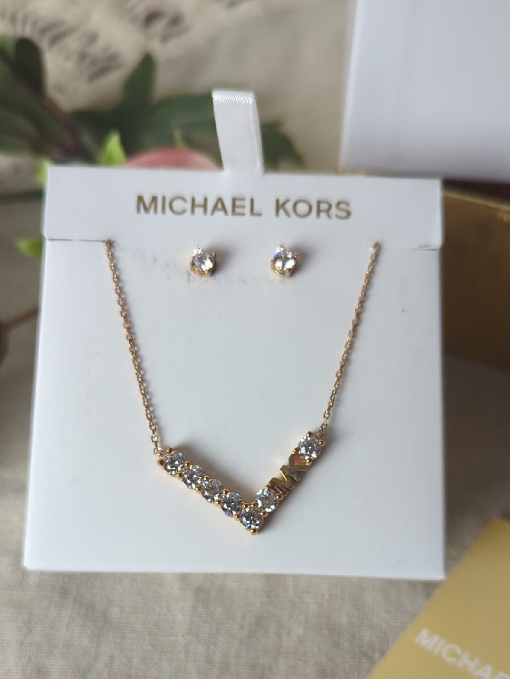 Michael Kors Rose Gold Necklace & Earrings Set  Crystal MK Pendant Jewelry - Picture 3 of 9
